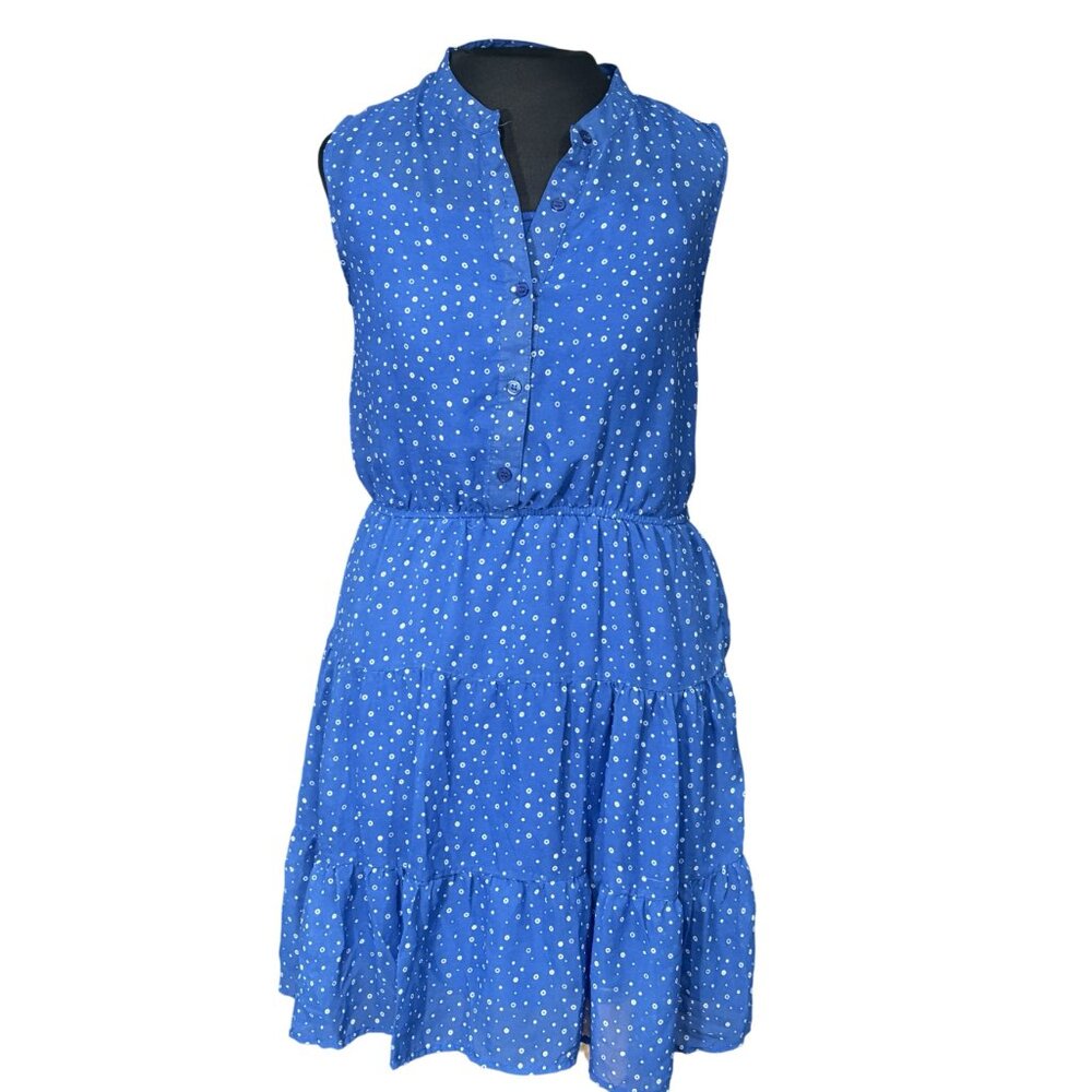 Mossimo Blue Tiered Sleeveless Polka Dot Dress M/M Button Front Elastic Waist